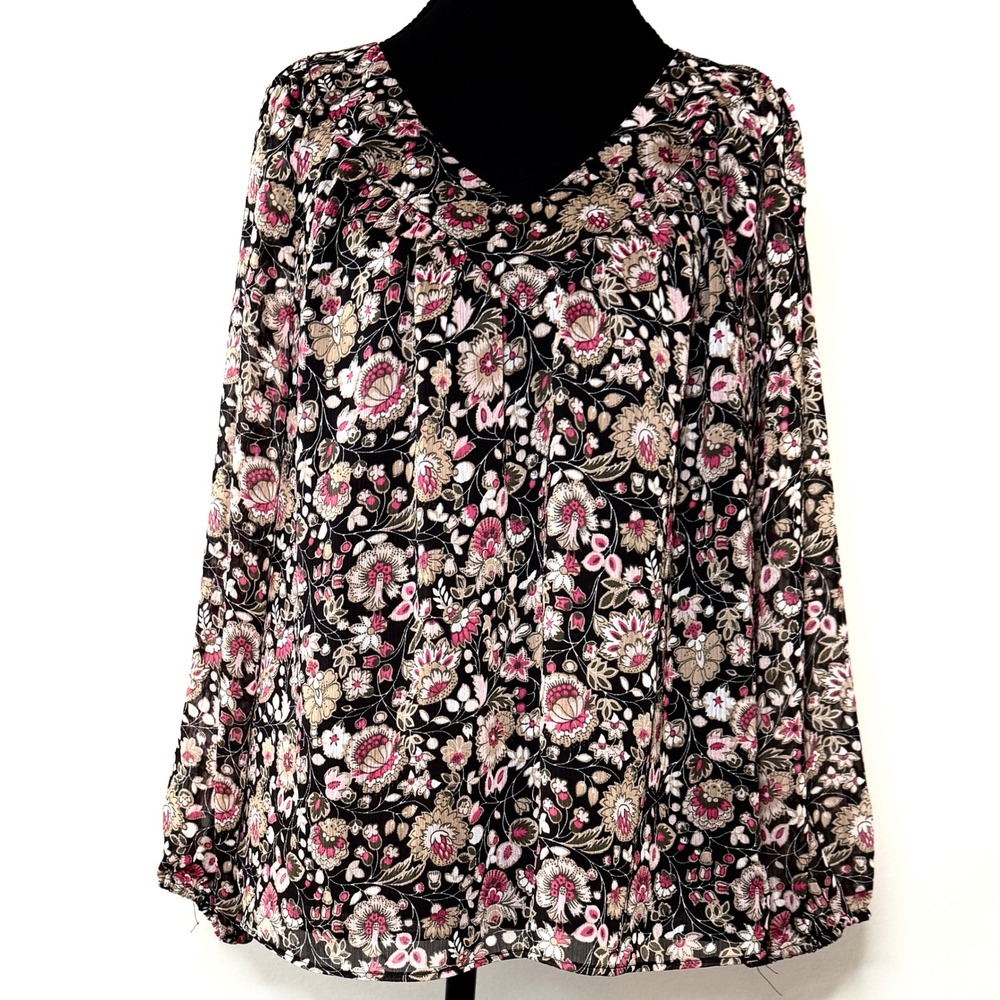 Ann Taylor Factory Floral V-Neck Blouse Pink Tan Black Long Sleeve Medium